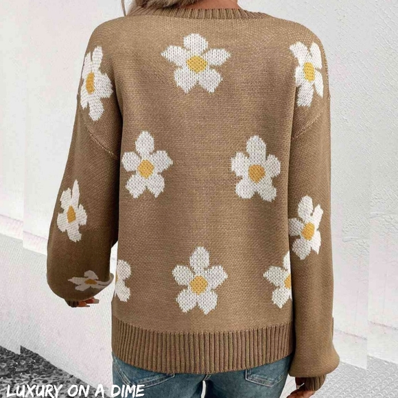 Daisy Flower Knit Minimalist Pullover Classic Long Sleeve Sweater Retro Shirt - Picture 3 of 7
